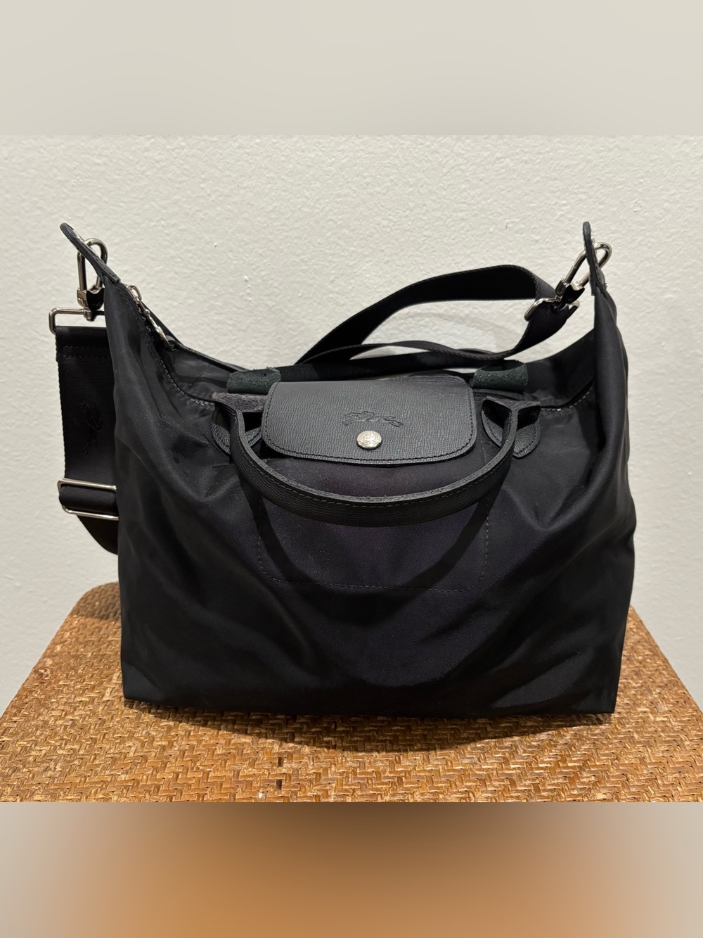 Longchamp Black Nylon Shoulder Bag with Leather Flap